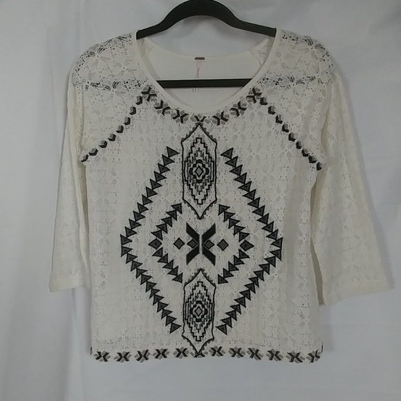 Free People Tops - Free People Boho Embroidered Lace Front Top M